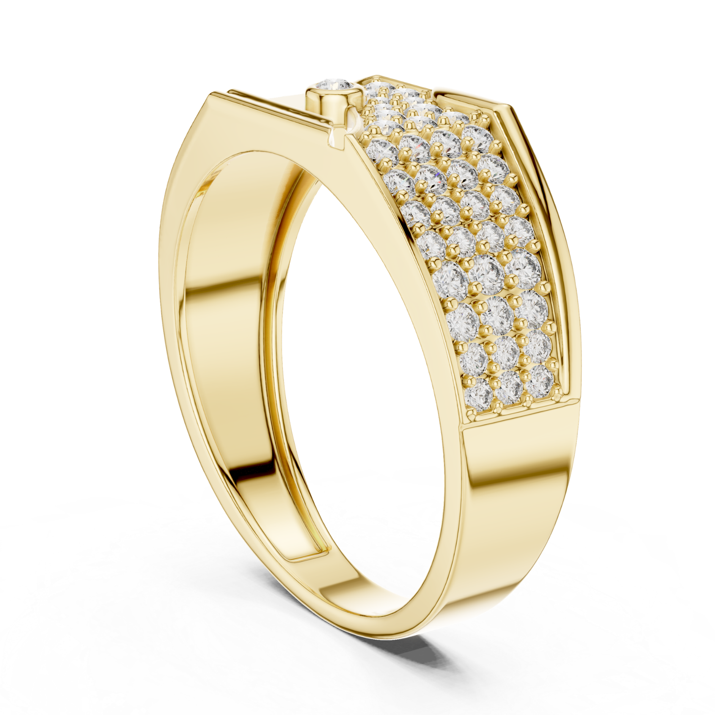 Yellow gold pave diamond statement ring rear view
Rear profile yellow gold diamond fashion ring
Yellow gold geometric pave diamond ring angle
Modern yellow gold wide band with diamonds
Contemporary yellow gold statement diamond ring
Yellow gold luxury ring with pave diamonds
Elegant yellow gold designer diamond band
Bold yellow gold ring with diamond detailing
Yellow gold polished statement ring profile
Yellow gold fashion band with pave diamonds