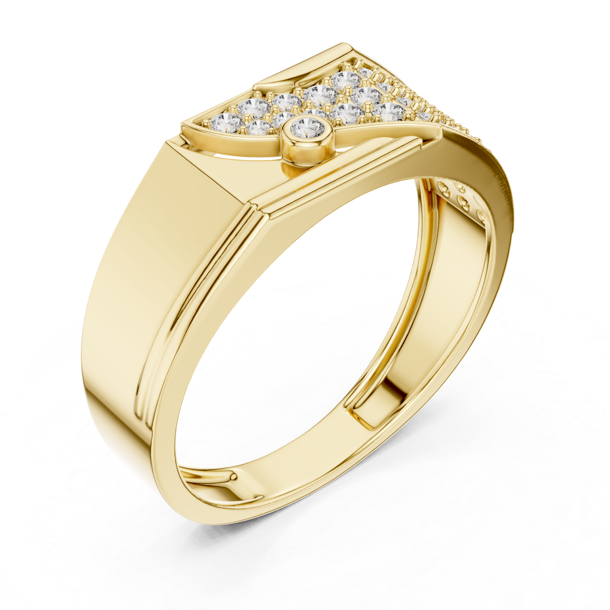 Yellow gold pave diamond statement ring side view
Side angle yellow gold diamond fashion ring
Yellow gold geometric pave diamond ring profile
Modern yellow gold wide band with diamonds
Contemporary yellow gold statement diamond ring
Yellow gold luxury ring with pave diamonds
Elegant yellow gold designer diamond band
Bold yellow gold ring with diamond detailing
Yellow gold polished statement ring perspective
Yellow gold fashion band with pave diamonds