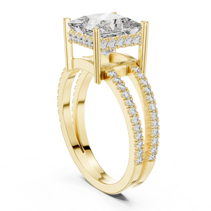 Yellow gold princess diamond ring back angle view
Rear perspective of split shank princess diamond ring
Yellow gold ring with elevated princess cut diamond
Elegant double band ring with pave diamond details
Princess cut solitaire ring with open gallery setting
Modern yellow gold engagement ring rear profile
Fine yellow gold ring with tall prong structure
Split shank diamond ring with pave side bands
Yellow gold statement ring with princess center stone
Back angled view of princess diamond split band ring