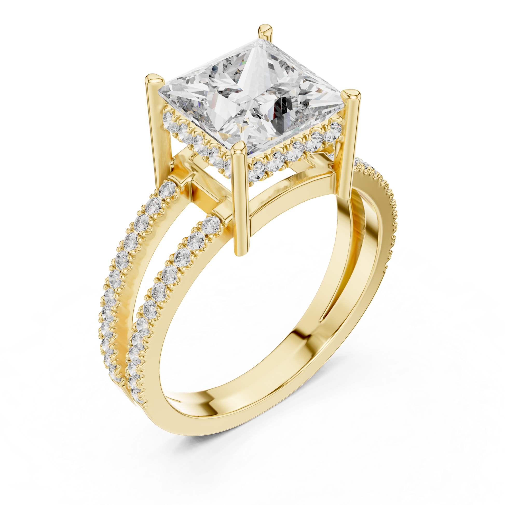 Yellow gold princess diamond ring
Split shank yellow gold ring with princess cut solitaire
Large princess diamond ring with pave split band
Yellow gold engagement ring with elevated diamond setting
Elegant princess cut diamond ring with double shank
Modern yellow gold statement ring with pave accents
Fine gold ring with four prong princess diamond setting
Princess cut diamond ring with open gallery structure
Angled view of yellow gold split shank diamond ring
Yellow gold solitaire ring with pave diamond