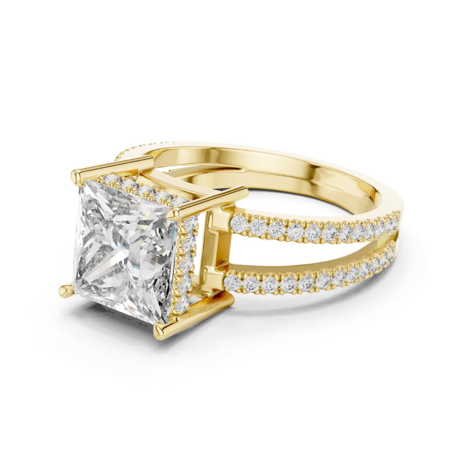 Yellow gold princess diamond ring side angle view
Split shank yellow gold ring with princess cut diamond
Large princess cut diamond ring with pave band detail
Yellow gold engagement ring with double split shank
Side view of princess diamond solitaire ring in gold
Elegant yellow gold ring with pave accent diamond
Modern split band ring with elevated princess diamond
Fine yellow gold ring with four prong princess setting
Princess cut diamond ring with open gallery design
Yellow gold ring with split pave shank