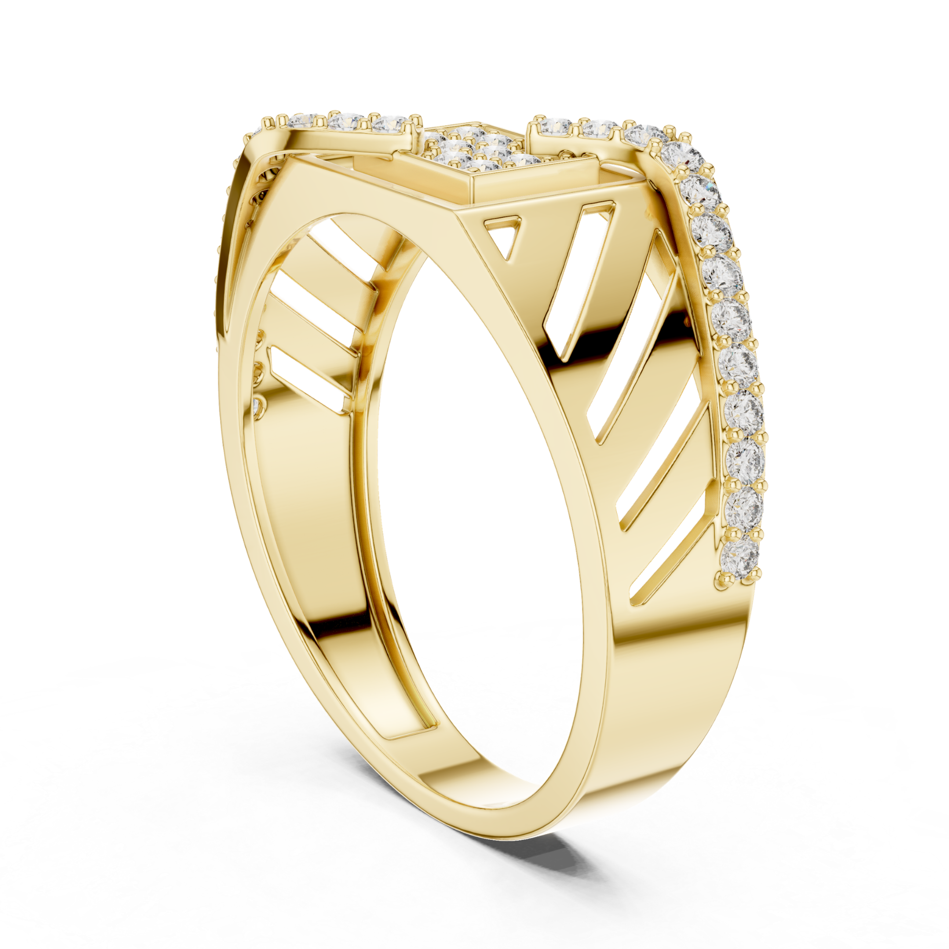 Yellow gold Roman style diamond ring side profile
Side profile yellow gold geometric diamond ring
Roman numeral yellow gold diamond band view
Yellow gold statement ring with round diamonds
Wide band yellow gold diamond ring profile
Modern yellow gold architectural style ring
Yellow gold luxury diamond ring side angle
Contemporary yellow gold fashion band ring
Yellow gold designer ring with diamond accents
Geometric yellow gold diamond ring perspective view