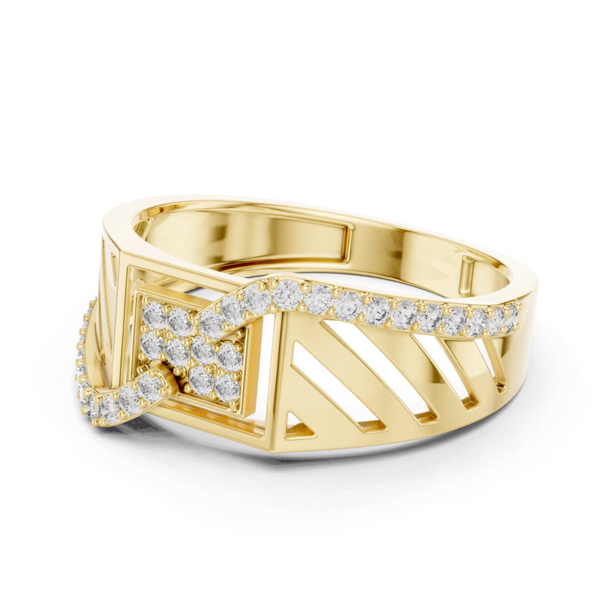 Side view yellow gold Roman style diamond ring
Yellow gold geometric diamond ring angled profile
Roman numeral yellow gold diamond band ring
Yellow gold statement ring with round diamonds
Wide band yellow gold diamond ring side angle
Modern yellow gold architectural diamond ring
Yellow gold luxury diamond ring perspective view
Round diamond yellow gold fashion band ring
Yellow gold designer ring side profile
Contemporary yellow gold diamond ring side view