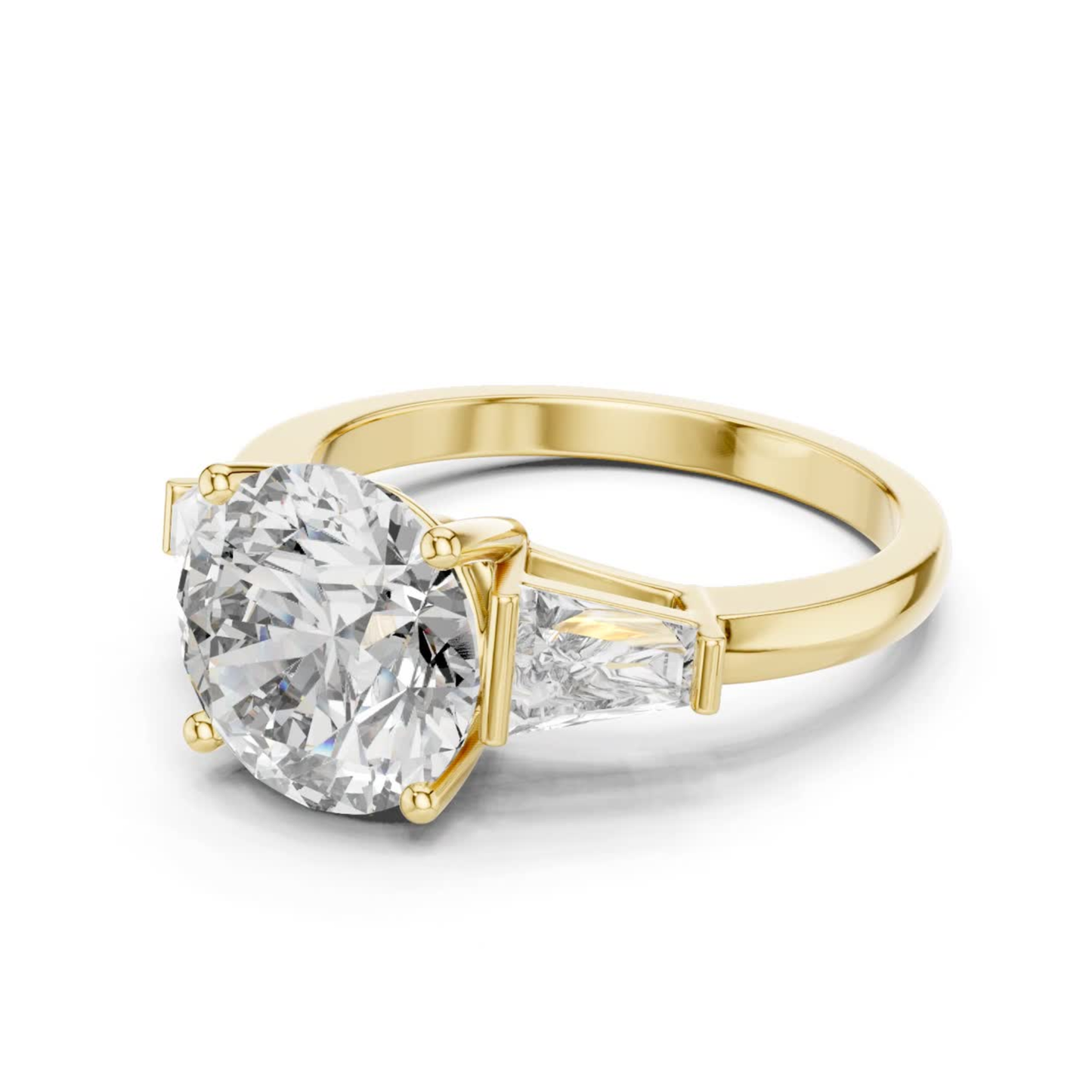 Yellow gold round brilliant three stone ring angled view
Round brilliant diamond ring with trapezoid side stones
Yellow gold three stone diamond engagement ring
Angled view of round brilliant three stone ring
Yellow gold ring with tapered side diamonds
Lab grown round brilliant three stone ring
Yellow gold round center diamond ring
Three stone diamond ring with polished band
Round brilliant diamond ring with side stones
Classic three stone engagement ring