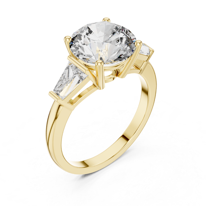 Yellow gold round brilliant three stone ring perspective view
Round brilliant diamond ring with trapezoid side stones
Yellow gold three stone engagement ring
Perspective view of round brilliant three stone ring
Yellow gold round brilliant diamond ring
Lab grown round brilliant three stone ring
Yellow gold ring with tapered side diamonds
Round brilliant ring with open gallery setting
Yellow gold polished three stone diamond ring
Classic round brilliant engagement ring
