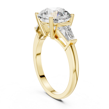Yellow gold round brilliant three stone ring rear angle view
Rear angle of round brilliant three stone ring
Yellow gold round brilliant ring with trapezoid side stones
Round brilliant diamond ring with open gallery
Yellow gold three stone engagement ring
Lab grown round brilliant three stone ring
Yellow gold ring with tapered side diamonds
Rear profile of round brilliant diamond ring
Yellow gold polished three stone ring
Classic round brilliant three stone ring