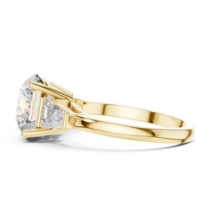 Yellow gold round brilliant three stone ring side view
Side view of round brilliant three stone ring
Yellow gold round brilliant ring with trapezoid side stones
Round brilliant diamond ring with elevated setting
Yellow gold three stone ring profile
Lab grown round brilliant three stone ring
Yellow gold ring with tapered side diamonds
Side profile of round brilliant engagement ring
Yellow gold polished three stone diamond ring
Round brilliant ring with open gallery setting