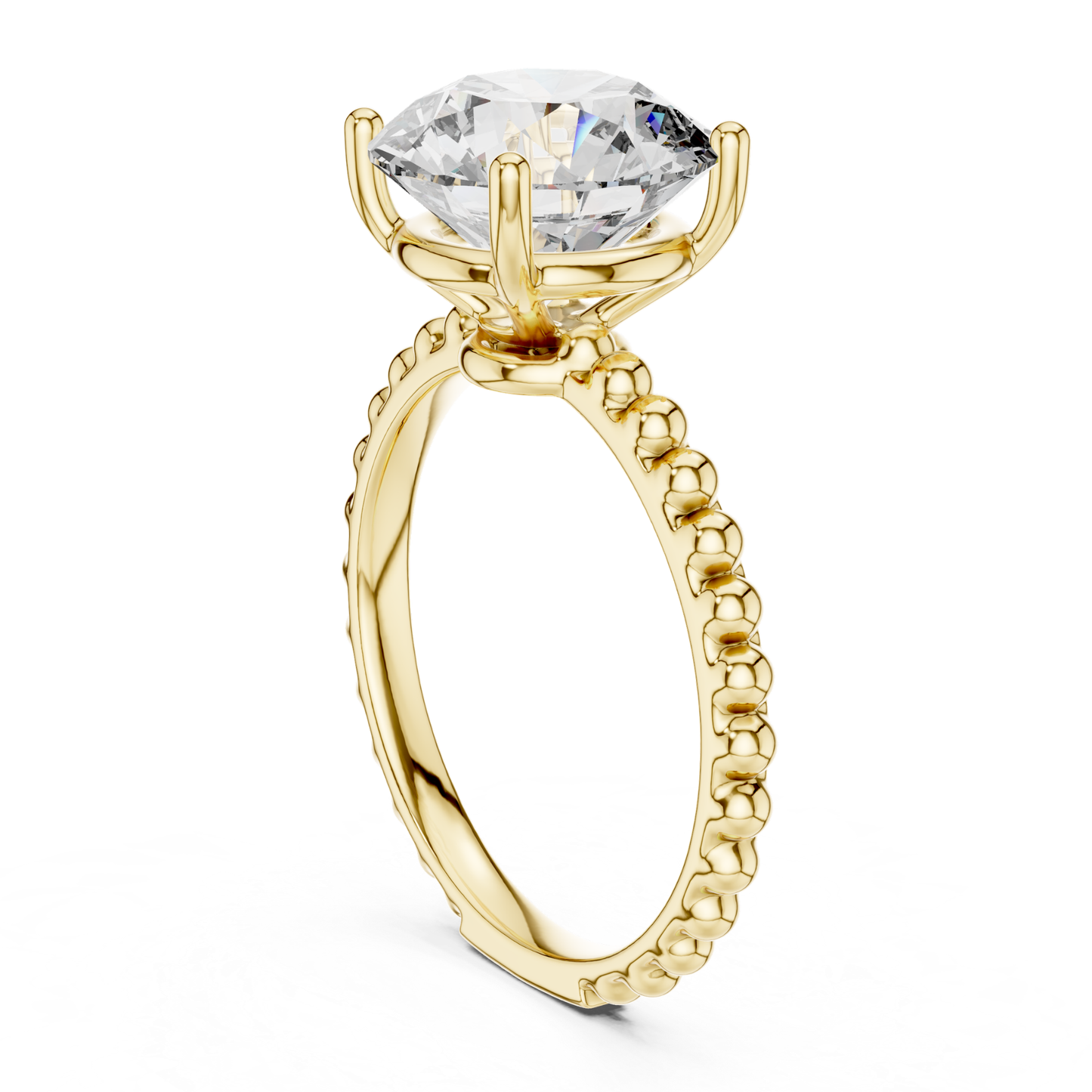 Yellow gold round cut diamond beaded band profile view
Side profile of yellow gold solitaire diamond ring
Yellow gold ring with round diamond basket setting
Four prong round diamond ring side profile
Beaded band yellow gold engagement ring profile
Raised round diamond yellow gold ring view
Round solitaire ring with beaded gold shank
Yellow gold prong set round diamond ring
Round diamond ring with beaded band profile
Yellow gold solitaire ring with open basket setting