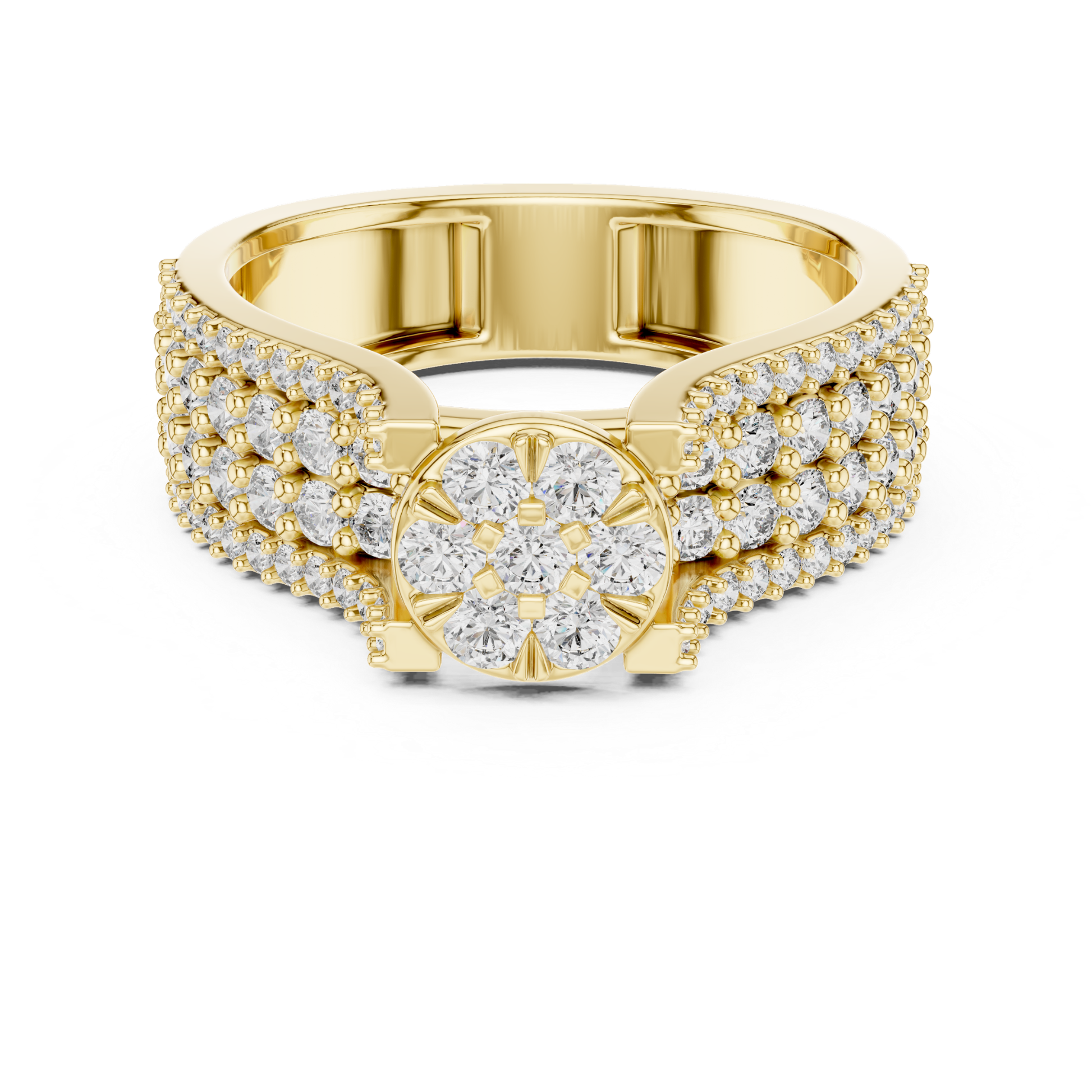 Round diamond cluster ring in yellow gold
Yellow gold diamond cluster engagement ring
Floral diamond ring with pave band in yellow gold
Round diamond flower cluster ring front view
Yellow gold ring with round diamond cluster center
Multi diamond cluster ring with wide pave band
Yellow gold floral diamond statement ring
Pave diamond band with round cluster center
Classic round diamond cluster ring in yellow gold
Yellow gold diamond flower ring with pave details