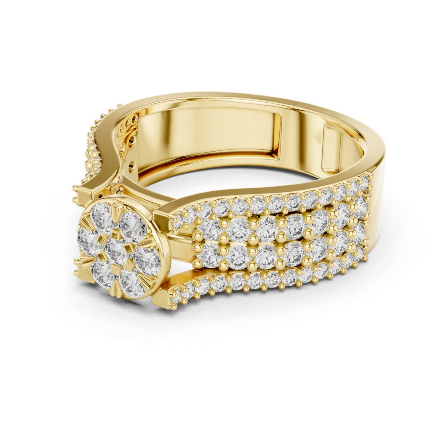 Side view of round diamond cluster ring in yellow gold
Yellow gold diamond cluster ring with wide pave band
Floral diamond ring side profile in yellow gold
Round diamond flower cluster ring side angle
Yellow gold ring with round diamond cluster side view
Multi diamond cluster ring with pave detailing side view
Yellow gold floral diamond statement ring profile
Pave diamond band with round cluster center side angle
Classic round diamond cluster ring in yellow gold side view
Yellow gold diamond flower ring 