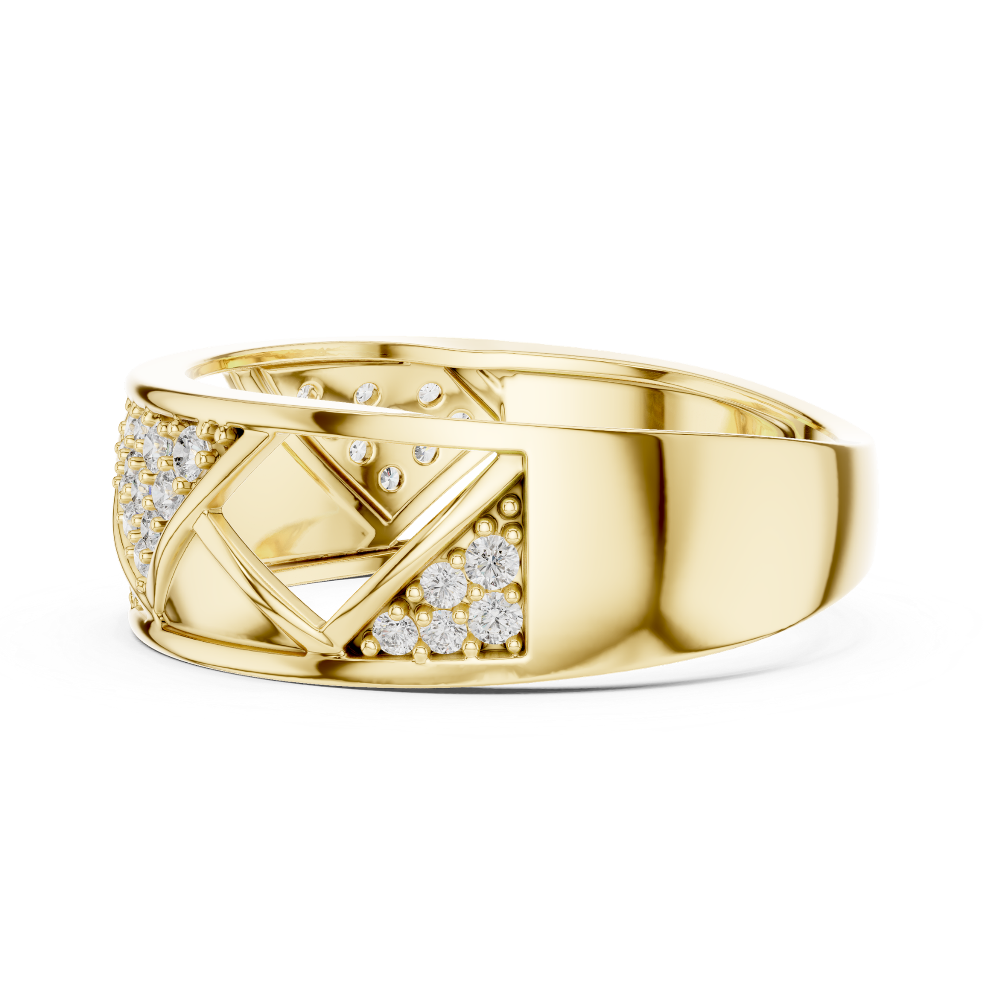 Yellow gold geometric ring with round diamond accents
Modern yellow gold diamond band ring for women
Elegant yellow gold open pattern diamond ring
Yellow gold designer ring with pave round diamonds
Luxury yellow gold statement ring with diamonds
Unique yellow gold criss cross diamond ring
Fine jewelry yellow gold diamond fashion band
Stylish yellow gold diamond ring closeup view
Handmade yellow gold round diamond ring design
Yellow gold wide band ring with diamond details