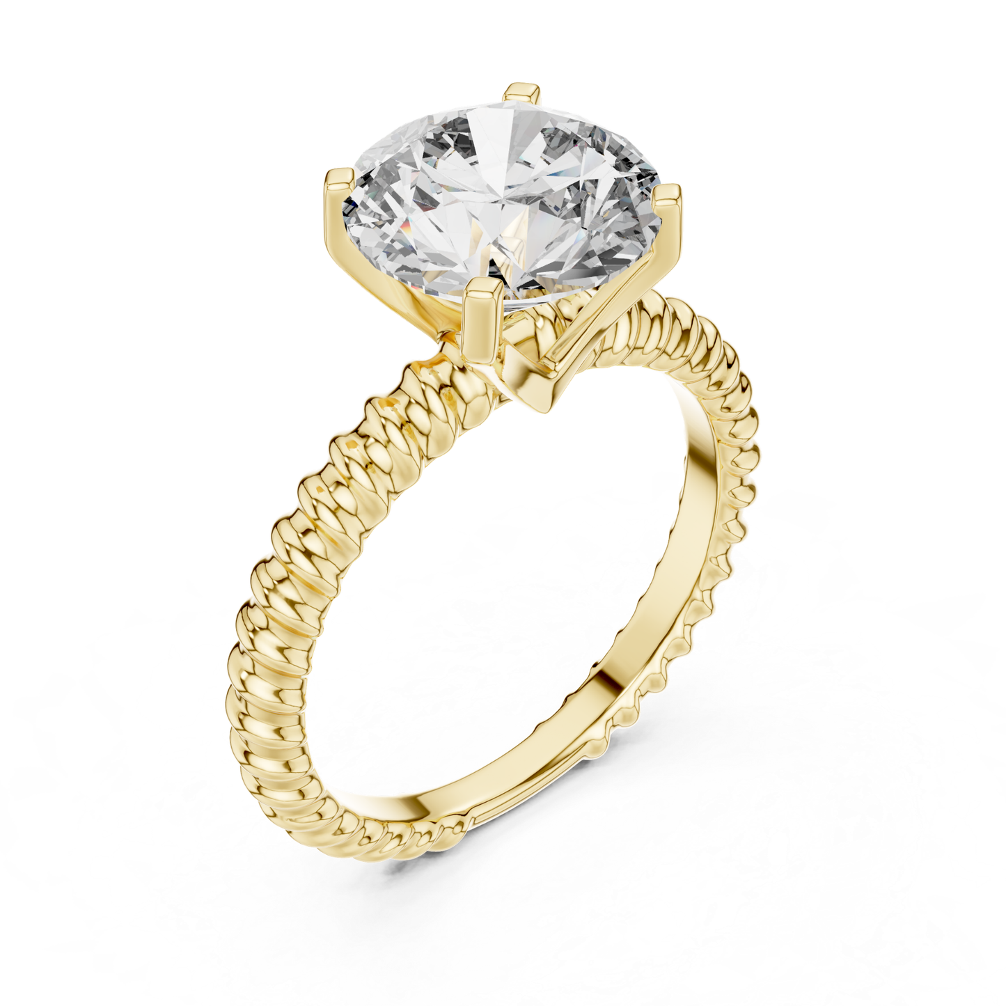 Yellow gold round cut diamond rope band angled view
Yellow gold solitaire ring with rope textured band
Round diamond ring with raised prong setting
Four prong yellow gold round diamond ring
Angled view of yellow gold engagement ring
Rope band round brilliant diamond ring
Yellow gold solitaire ring with open basket
Polished yellow gold round diamond ring
Round diamond ring with textured gold band
Classic yellow gold solitaire rope band ring