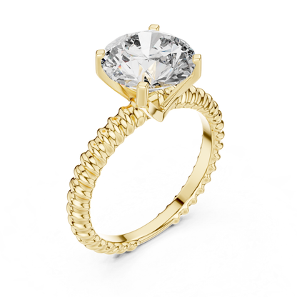 Yellow gold round cut diamond rope band angled view
Yellow gold solitaire ring with rope textured band
Round diamond ring with raised prong setting
Four prong yellow gold round diamond ring
Angled view of yellow gold engagement ring
Rope band round brilliant diamond ring
Yellow gold solitaire ring with open basket
Polished yellow gold round diamond ring
Round diamond ring with textured gold band
Classic yellow gold solitaire rope band ring