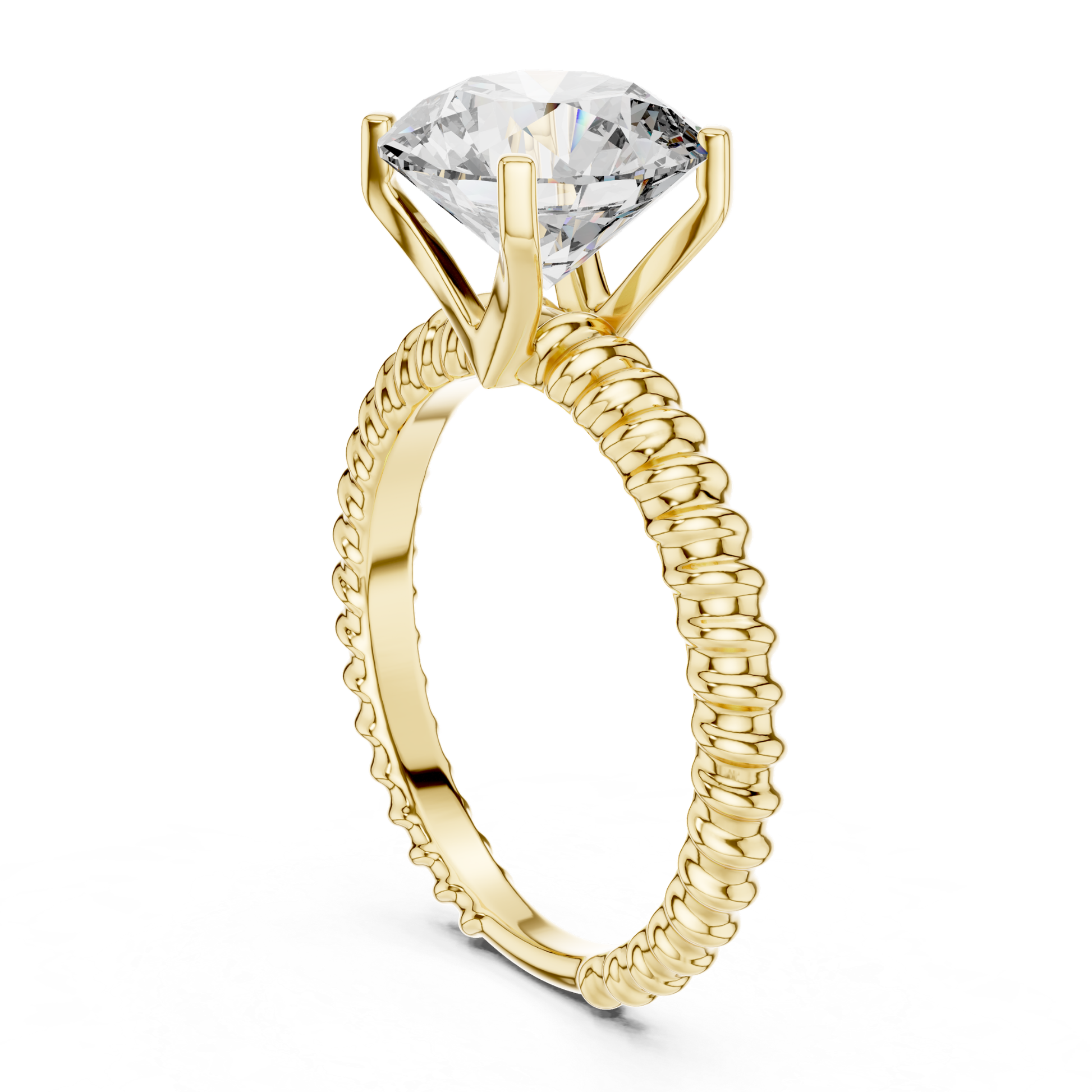 Yellow gold round cut diamond rope band profile view
Side profile of yellow gold solitaire diamond ring
Yellow gold ring with open prong basket setting
Round diamond rope band engagement ring profile
Four prong yellow gold round diamond ring
Raised round diamond yellow gold ring side view
Rope texture yellow gold solitaire ring profile
Open gallery round diamond gold ring
Yellow gold round diamond ring with rope shank
Classic yellow gold solitaire side profile ring