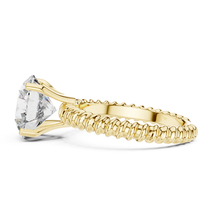 Yellow gold round cut diamond rope band side view
Side profile of yellow gold solitaire diamond ring
Yellow gold ring with open prong setting
Round diamond rope band engagement ring
Four prong yellow gold round diamond ring
Rope texture yellow gold solitaire ring profile
Raised round diamond yellow gold ring side
Yellow gold round diamond ring side angle
Open gallery round diamond rope band ring
Polished yellow gold solitaire side profile