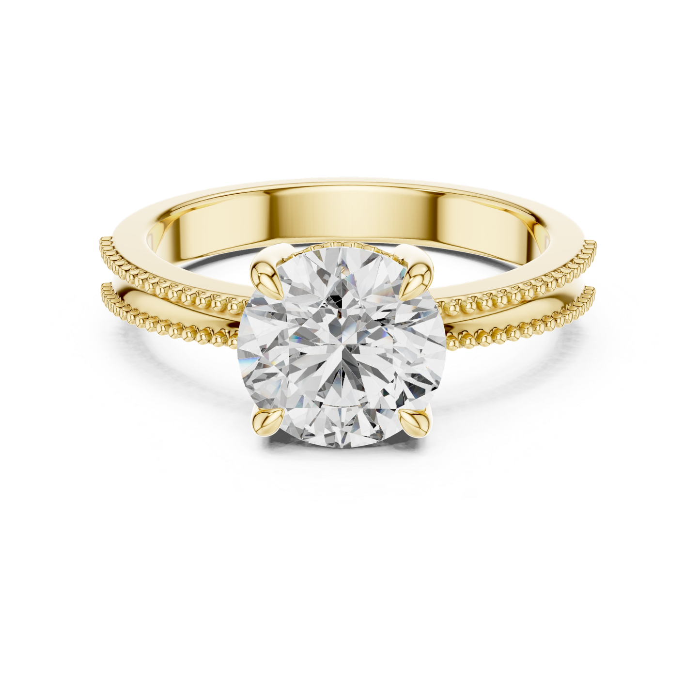 Yellow gold round cut diamond split beaded band ring
Yellow gold solitaire ring with split beaded shank
Round diamond engagement ring with split band
Four prong round diamond yellow gold ring
Yellow gold split shank solitaire diamond ring
Double beaded band round diamond ring
Round brilliant diamond split band gold ring
Yellow gold ring with twin beaded shank
Classic round diamond split band engagement ring
Yellow gold round solitaire split band ring