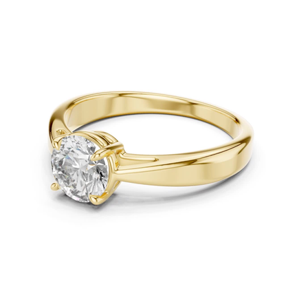 Yellow gold round cut diamond ring angle view
Yellow gold tapered band solitaire diamond ring
Angled yellow gold round diamond engagement ring
Yellow gold polished round diamond ring design
Round brilliant diamond ring with tapered shank
Yellow gold four prong diamond ring angle
Yellow gold elegant solitaire ring perspective
Yellow gold classic round diamond ring profile
Yellow gold minimal diamond ring side angle
Yellow gold round diamond tapered band ring