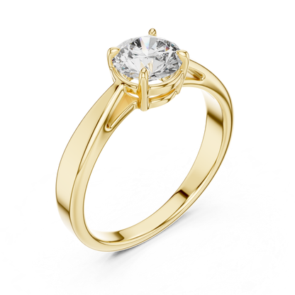 Yellow gold round diamond ring from side angle
Yellow gold tapered band solitaire ring profile
Angled yellow gold round cut diamond ring
Yellow gold polished diamond ring perspective
Round brilliant diamond ring with tapered band
Yellow gold elegant solitaire ring side detail
Yellow gold four prong diamond ring angle
Yellow gold classic tapered diamond ring design
Raised round diamond setting in yellow gold
Yellow gold engagement ring with tapered shank
