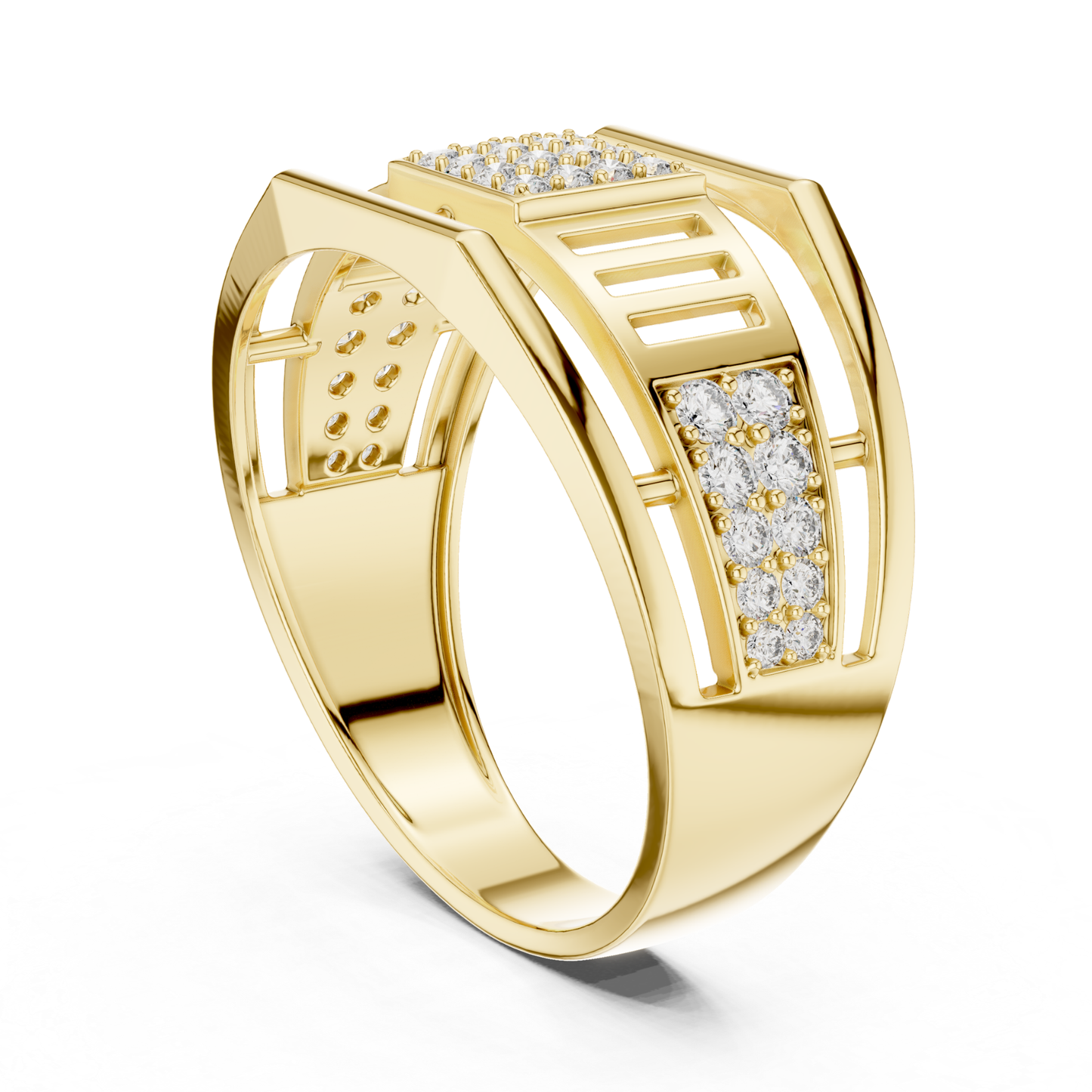 Yellow gold architectural ring with round diamonds
Modern yellow gold geometric diamond band ring
Elegant yellow gold open frame diamond ring
Yellow gold square cluster diamond statement ring
Luxury yellow gold wide band ring for women
Stylish yellow gold designer ring with diamonds
Fine jewelry yellow gold contemporary diamond ring
Unique yellow gold geometric fashion ring closeup
Handmade yellow gold round diamond ring design
Yellow gold modern ring with sparkling diamond accents