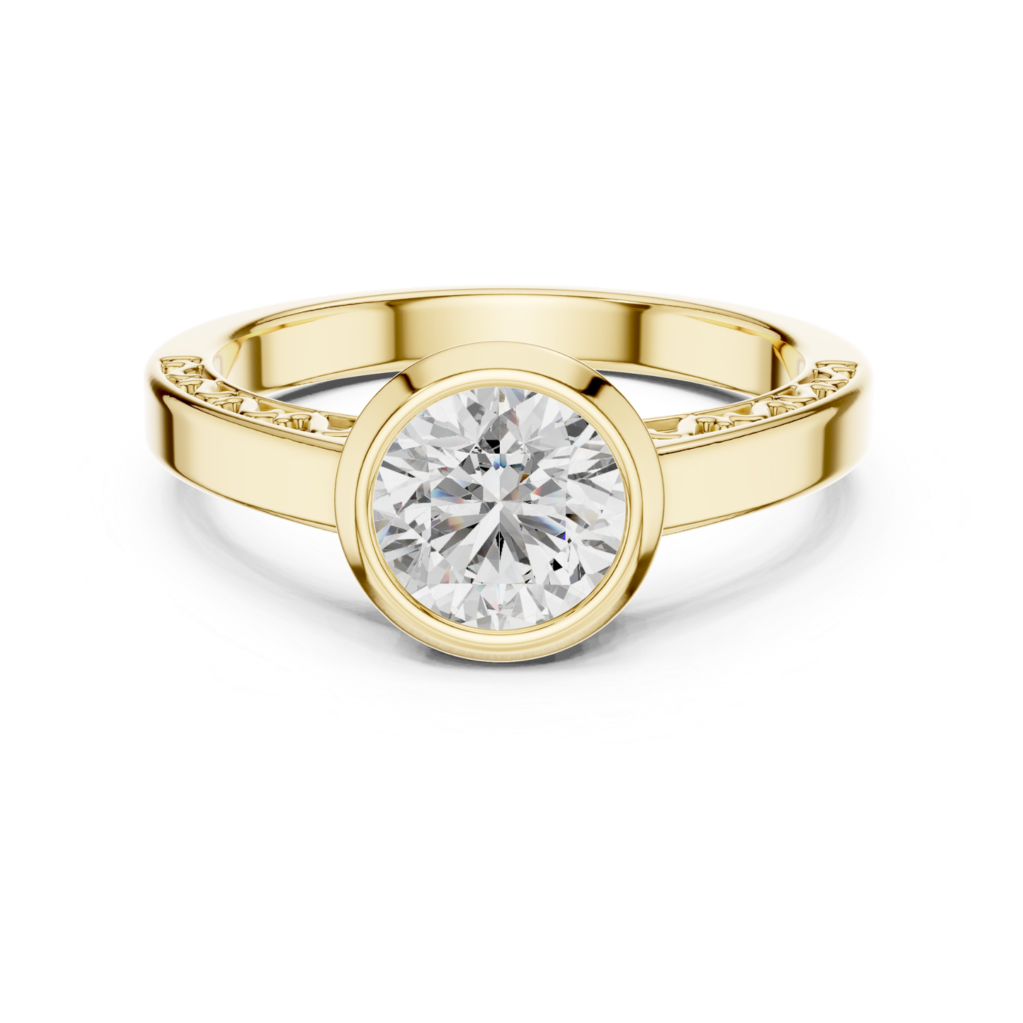 Yellow gold round diamond bezel solitaire ring design
Yellow gold round diamond bezel ring front view
Round diamond bezel solitaire ring in yellow gold
Polished yellow gold bezel diamond ring design
Round brilliant bezel set diamond gold ring
Yellow gold round bezel solitaire diamond ring
Front view round diamond bezel setting ring
Yellow gold bezel set round diamond ring style
Minimal round diamond bezel gold ring design
Yellow gold round bezel diamond ring front profile