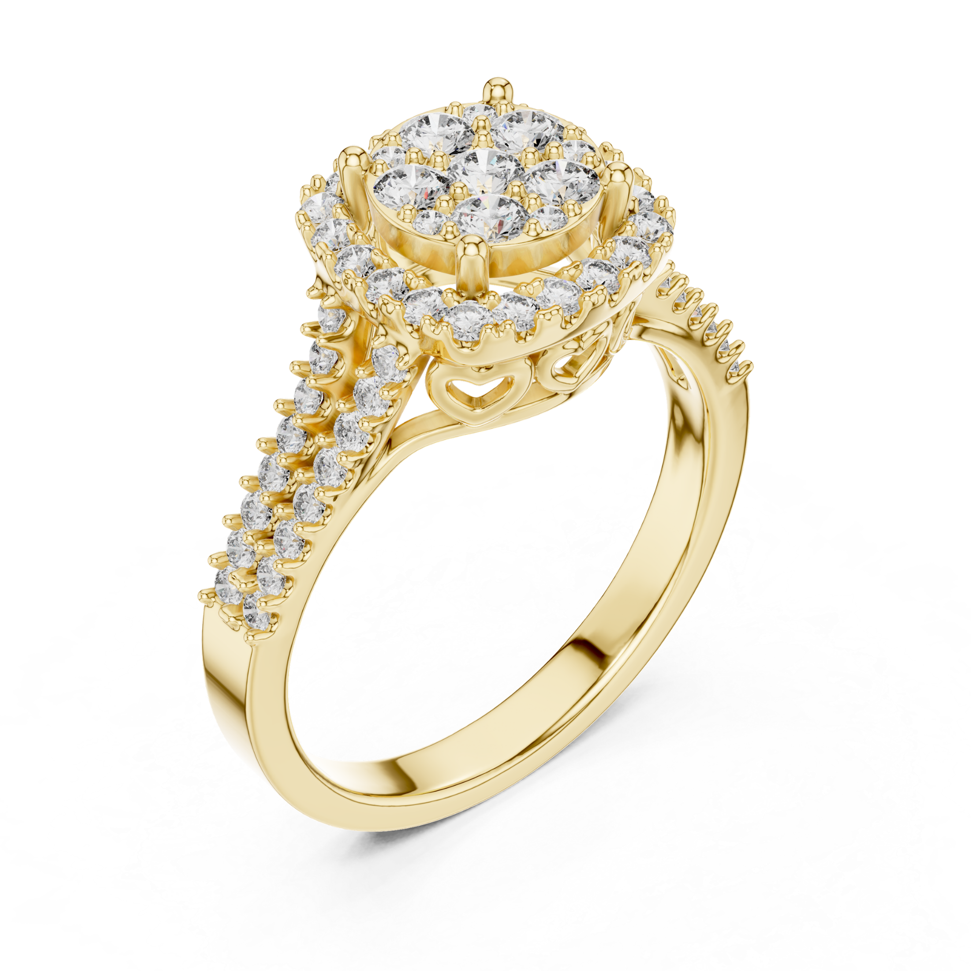 Angled view yellow gold round diamond cluster halo ring
Yellow gold round diamond halo ring perspective view
Round diamond cluster ring in yellow gold angle view
Yellow gold halo ring with round diamonds angled profile
Split shank yellow gold diamond halo ring view
Yellow gold round diamond cluster ring close-up
Luxury yellow gold halo ring with pave diamonds
Yellow gold ring with round diamond split shank
Elegant yellow gold cluster halo ring angle view
Premium yellow gold round diamond ring perspective
