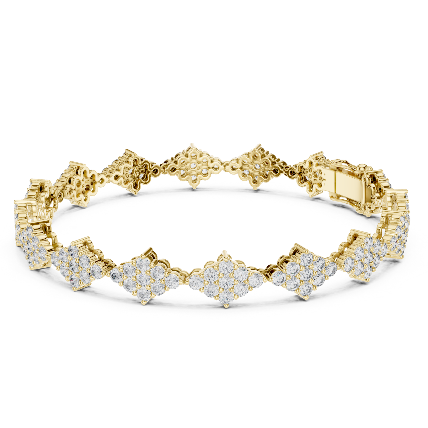 Yellow gold round diamond cluster tennis bracelet rear view
Back view of round diamond cluster bracelet
Yellow gold bracelet showing cluster gallery design
Rear profile of round diamond tennis bracelet
Yellow gold diamond bracelet with open gallery links
Back side of round diamond cluster bracelet
Yellow gold bracelet with detailed link pattern
Round diamond cluster bracelet rear angle view
Yellow gold tennis bracelet showing clasp detail
Round diamond bracelet with decorative gallery work