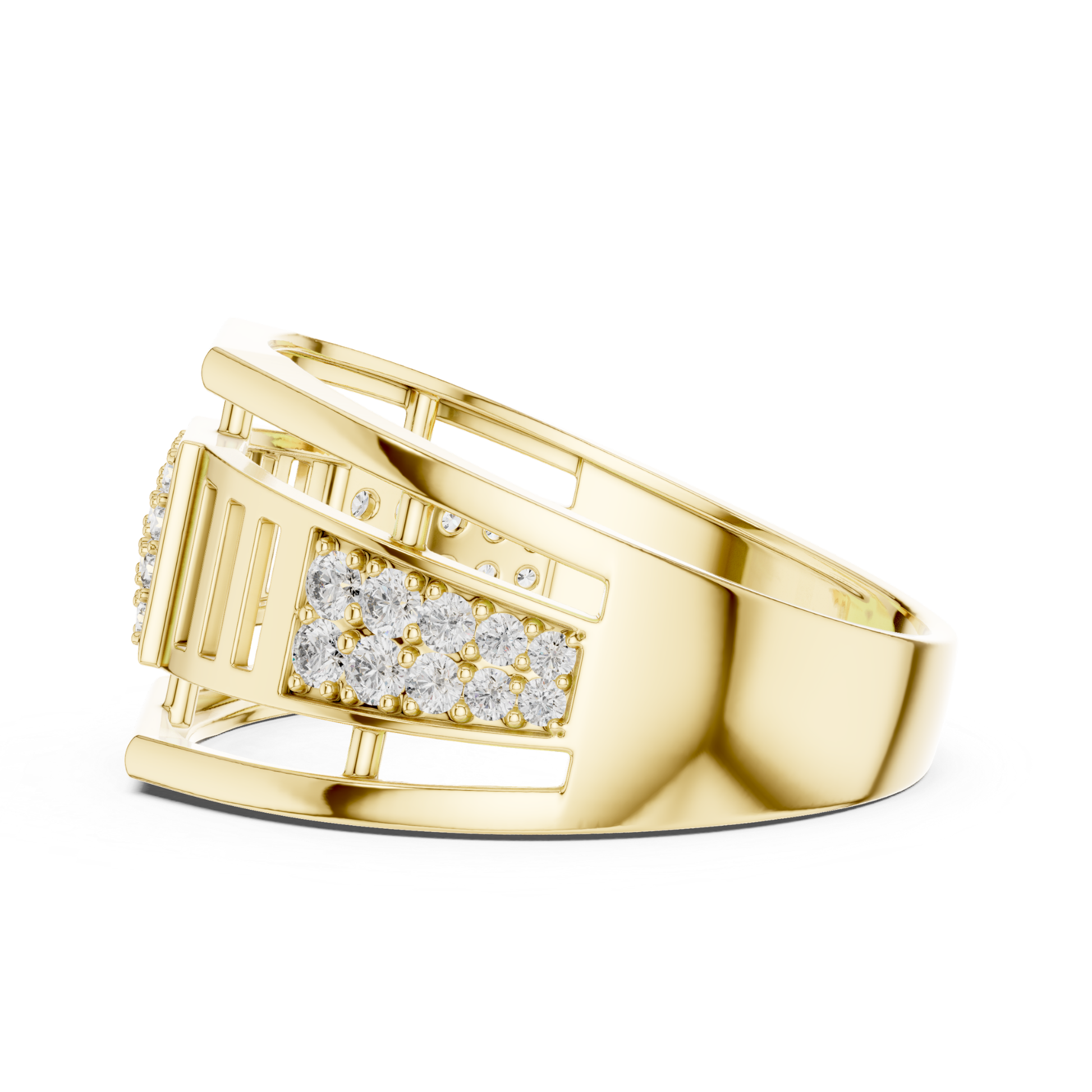 Yellow gold contemporary band ring with round diamonds
Modern yellow gold geometric diamond fashion ring
Elegant yellow gold open frame diamond ring
Yellow gold wide band ring with pave diamonds
Luxury yellow gold statement ring for women
Stylish yellow gold designer diamond band
Fine jewelry yellow gold round diamond ring
Unique yellow gold modern diamond ring closeup
Handmade yellow gold geometric diamond ring
Yellow gold sparkling diamond band ring design