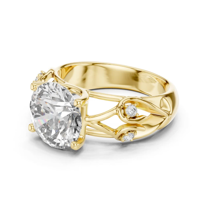 Yellow gold round diamond floral ring side view
Side view of yellow gold round diamond ring
Yellow gold floral round diamond engagement ring
Round diamond ring with floral split shank design
Yellow gold nature inspired diamond ring
Round solitaire diamond ring with floral accents
Yellow gold leaf design round diamond ring
Side profile of yellow gold diamond ring
Yellow gold round diamond ring with open band
Floral yellow gold ring with round lab grown diamond
