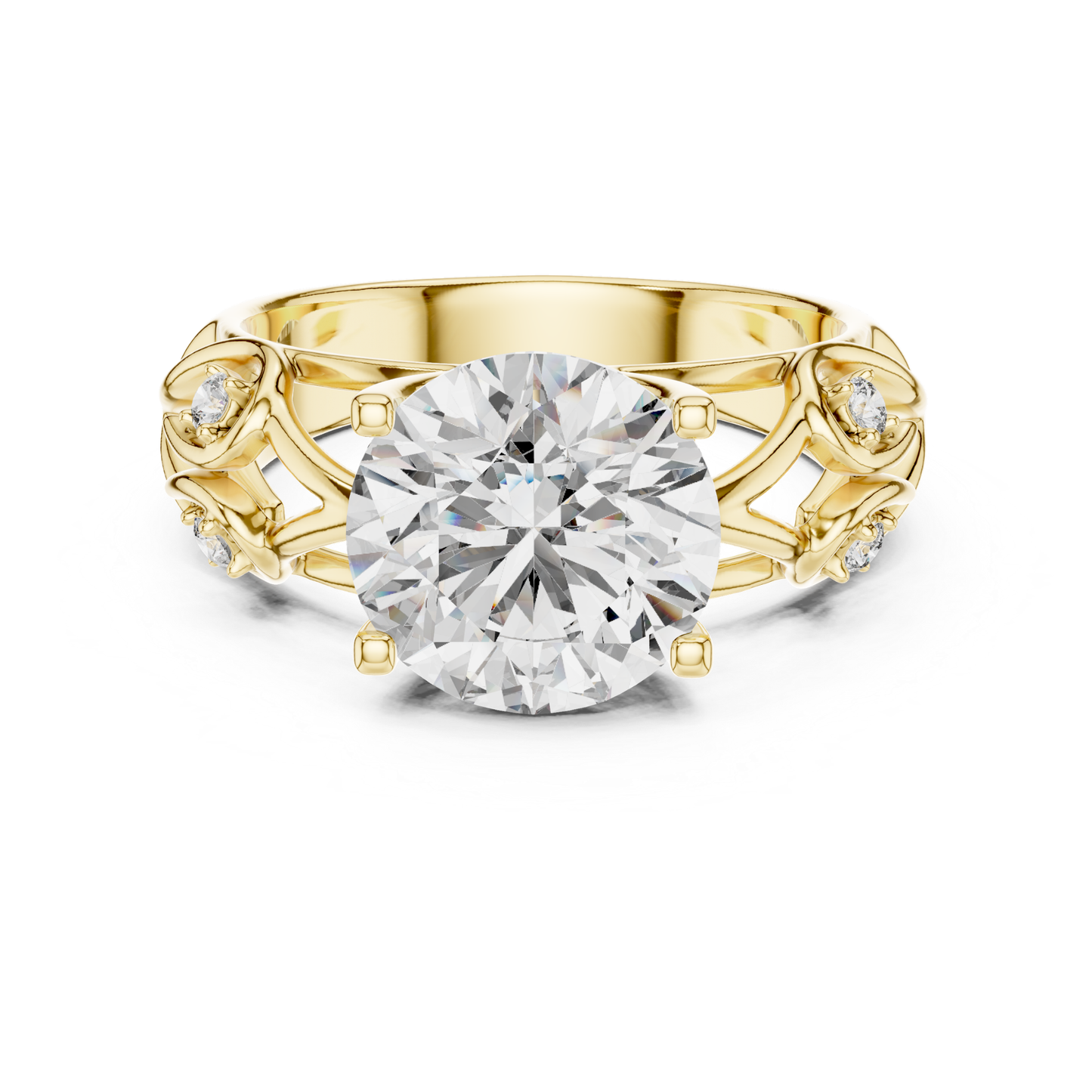 Yellow gold round diamond floral split shank ring
Round diamond ring with floral open band in yellow gold
Yellow gold floral diamond  ring front view
Round solitaire diamond ring with floral side detail
Yellow gold nature inspired round diamond ring
Floral vine style round diamond ring in yellow gold
Yellow gold round diamond ring with leaf inspired band
Round brilliant diamond floral yellow gold ring
Yellow gold split shank ring with round center diamond
Floral yellow gold ring with round lab grown diamond