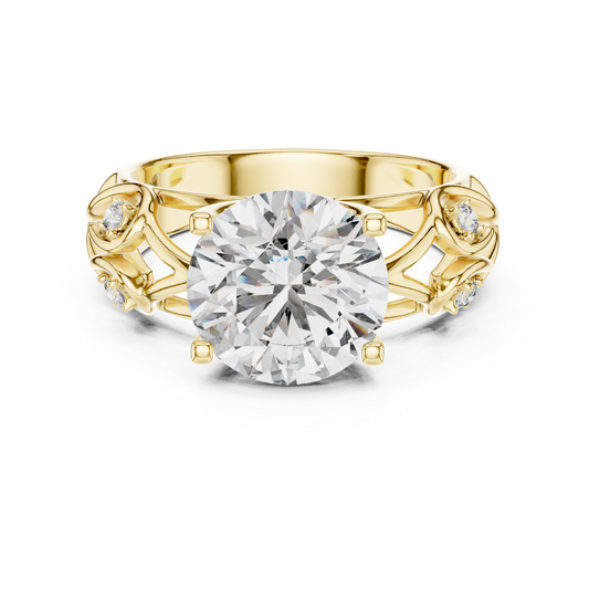 Yellow gold round diamond floral split shank ring
Round diamond ring with floral open band in yellow gold
Yellow gold floral diamond  ring front view
Round solitaire diamond ring with floral side detail
Yellow gold nature inspired round diamond ring
Floral vine style round diamond ring in yellow gold
Yellow gold round diamond ring with leaf inspired band
Round brilliant diamond floral yellow gold ring
Yellow gold split shank ring with round center diamond
Floral yellow gold ring with round lab grown diamond