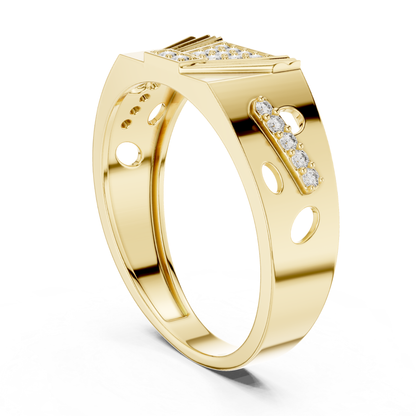 Rear angle geometric diamond yellow gold band ring
Yellow gold ring with diamond accent row
Diamond yellow gold band featuring circular cutouts
Wide yellow gold ring with geometric details
Contemporary yellow gold band with diamond accents
Polished yellow gold ring showcasing open elements
Modern yellow gold band with structured design
Architectural yellow gold ring with diamond setting
Yellow gold statement band with geometric pattern
Bold yellow gold ring with diamond accent bar
