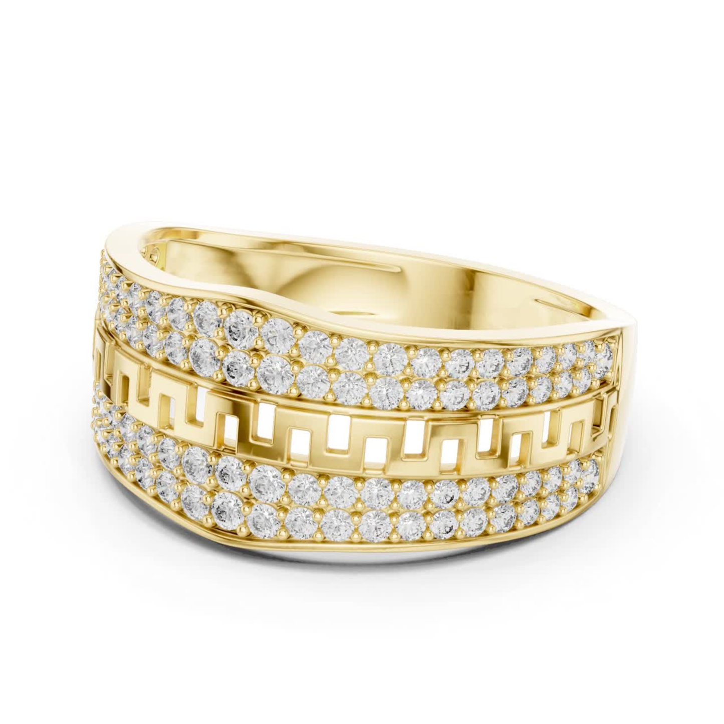 Yellow gold round diamond Greek key band ring
Modern yellow gold pave diamond fashion band
Yellow gold geometric pattern diamond ring
Round diamond yellow gold wide band ring
Yellow gold luxury diamond statement band
Contemporary yellow gold patterned ring design
Yellow gold layered pave diamond band ring
Elegant yellow gold round diamond fashion ring
Yellow gold structured geometric diamond band
Round diamond yellow gold patterned wide ring