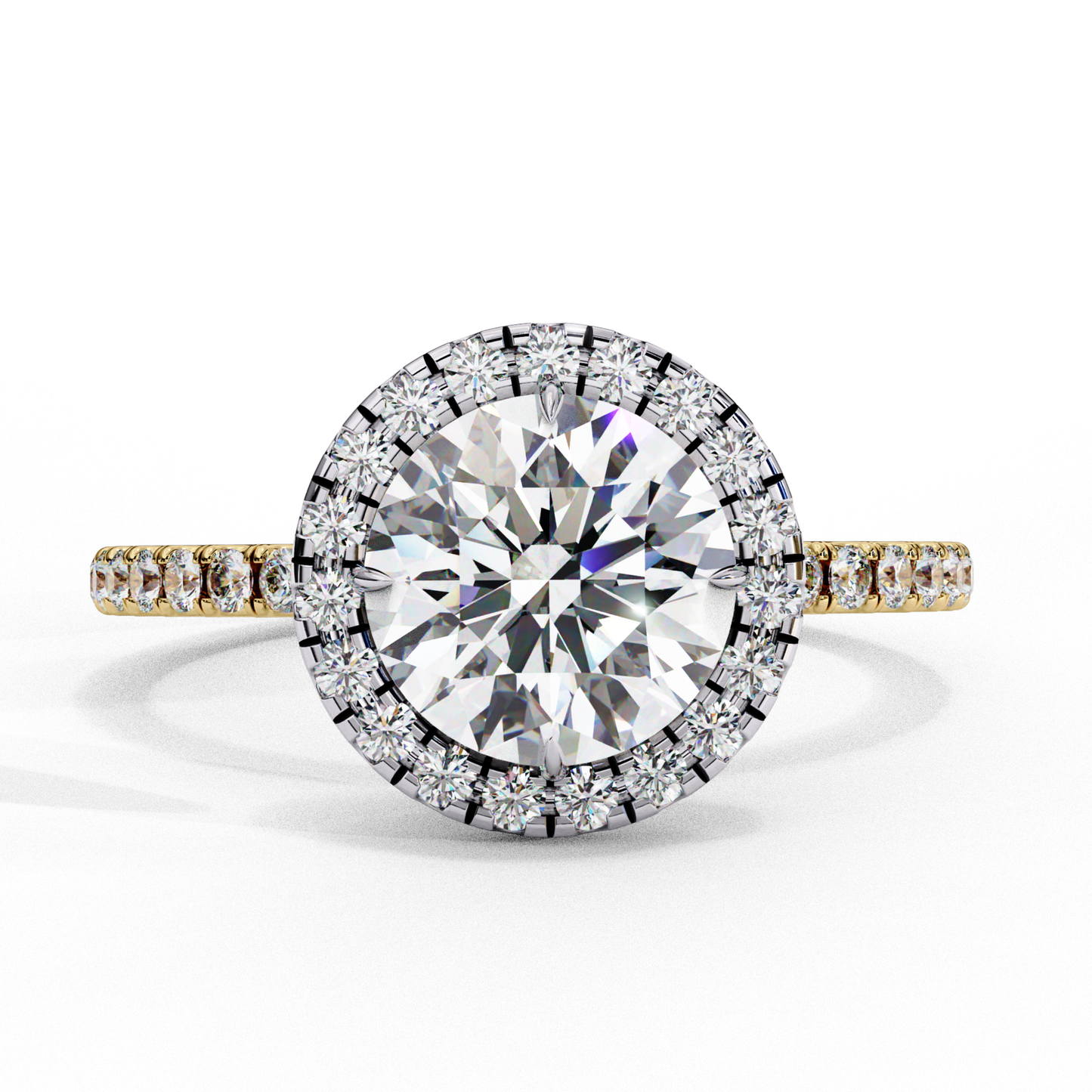 Round diamond surrounded by smaller diamonds
Yellow gold ring with round diamond center
Halo setting with round diamond centerpiece
Side view of round diamond in yellow gold
Gold band with round diamond and small accents
Round diamond surrounded by diamond halo
Yellow gold ring with central round diamond
Close up of round diamond with surrounding stones
Yellow gold band with circular diamond pattern
Round diamond ring with halo in yellow gold