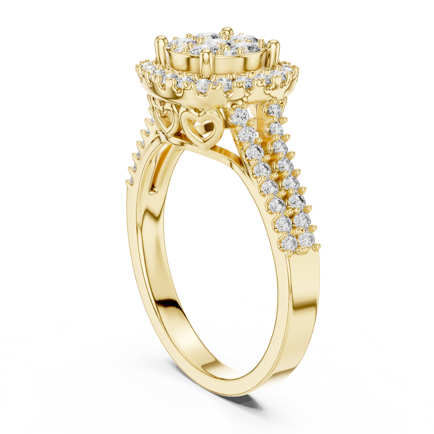 Yellow gold round diamond halo ring side gallery
Round diamond cluster halo ring profile view
Yellow gold diamond halo ring detailed profile
Side angle yellow gold round diamond ring
Yellow gold cluster diamond ring gallery detail
Round diamond halo ring with pave shank
Yellow gold diamond ring under gallery view
Luxury round diamond cluster ring side detail
Yellow gold halo ring with heart accents
Round diamond halo engagement ring profile angle