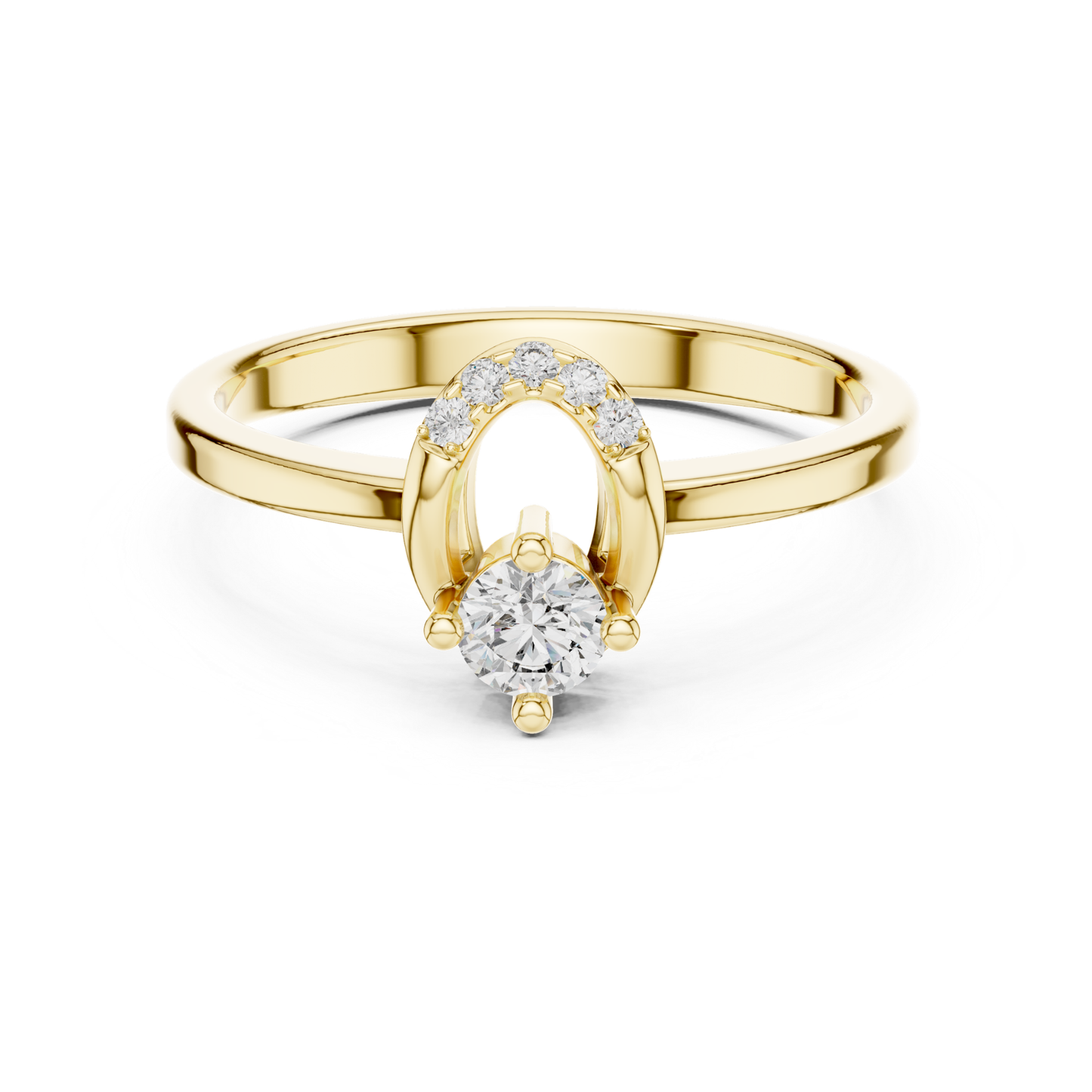 Yellow gold round diamond ring with open halo detail
Minimal yellow gold ring with round solitaire diamond
Round cut diamond ring with curved accent setting
Elegant yellow gold diamond ring front view
Open oval halo ring with round center diamond
Classic yellow gold ring with prong set diamond
Delicate round diamond ring with polished gold band
Modern yellow gold solitaire ring with accent stones
Fine gold ring with round diamond and curved top
Minimalist yellow gold engagement style diamond ring