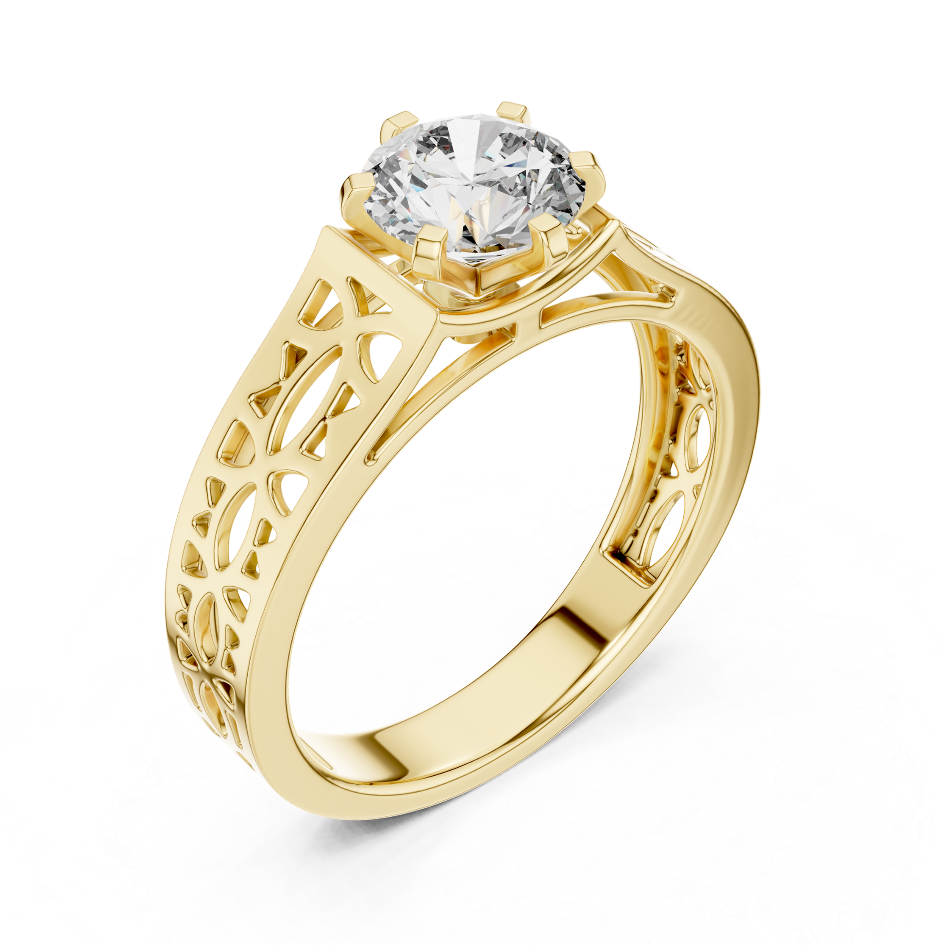 Yellow gold round diamond openwork band angled view
Angled yellow gold solitaire diamond band ring design
Yellow gold openwork round diamond ring side angle
Yellow gold carved band with round diamond design
Round diamond yellow gold polished open band ring
Six prong yellow gold round diamond ring profile
Yellow gold decorative openwork solitaire band ring
Wide yellow gold round diamond ring angled design
Yellow gold handcrafted cutout diamond band ring
Modern yellow gold openwork round diamond band