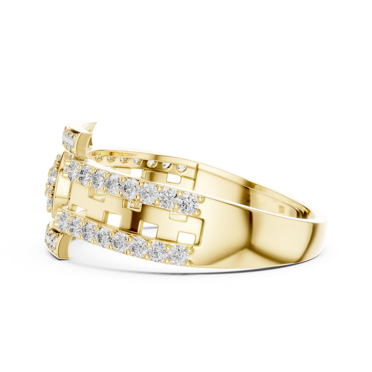 Side view yellow gold round diamond openwork ring
Yellow gold circular diamond centerpiece ring profile
Round diamond yellow gold designer band side view
Modern yellow gold geometric diamond ring angle
Yellow gold open gallery diamond ring profile
Luxury yellow gold round diamond fashion ring
Contemporary yellow gold diamond accent band view
Yellow gold structured ring with round diamonds
Designer yellow gold openwork ring side profile
Yellow gold architectural diamond band side angle