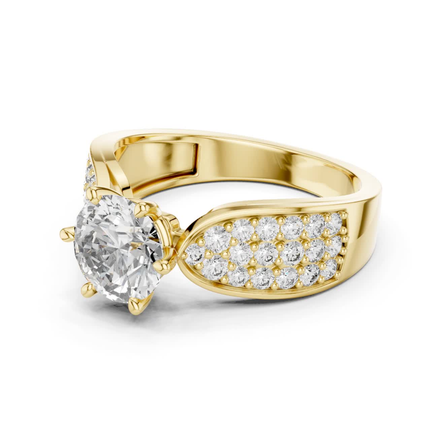 Yellow gold round diamond pave solitaire ring side view
Angled yellow gold pave band with round diamond
Yellow gold polished pave diamond ring side profile
Round diamond yellow gold pave band ring angle
Six prong yellow gold round diamond pave ring
Yellow gold tapered pave diamond ring side design
Modern yellow gold solitaire pave ring profile
Yellow gold wide pave band diamond ring angle
Elegant yellow gold round diamond side profile
Yellow gold brilliant diamond pave ring design