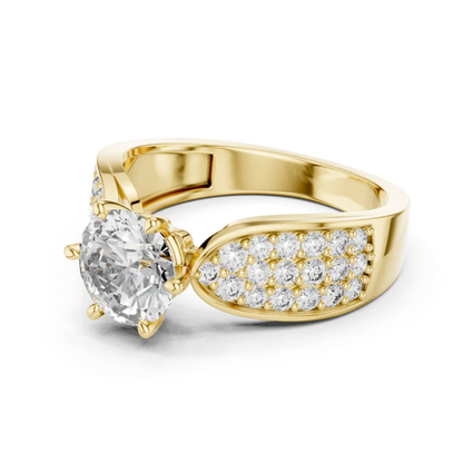 Yellow gold round diamond pave solitaire ring side view
Angled yellow gold pave band with round diamond
Yellow gold polished pave diamond ring side profile
Round diamond yellow gold pave band ring angle
Six prong yellow gold round diamond pave ring
Yellow gold tapered pave diamond ring side design
Modern yellow gold solitaire pave ring profile
Yellow gold wide pave band diamond ring angle
Elegant yellow gold round diamond side profile
Yellow gold brilliant diamond pave ring design