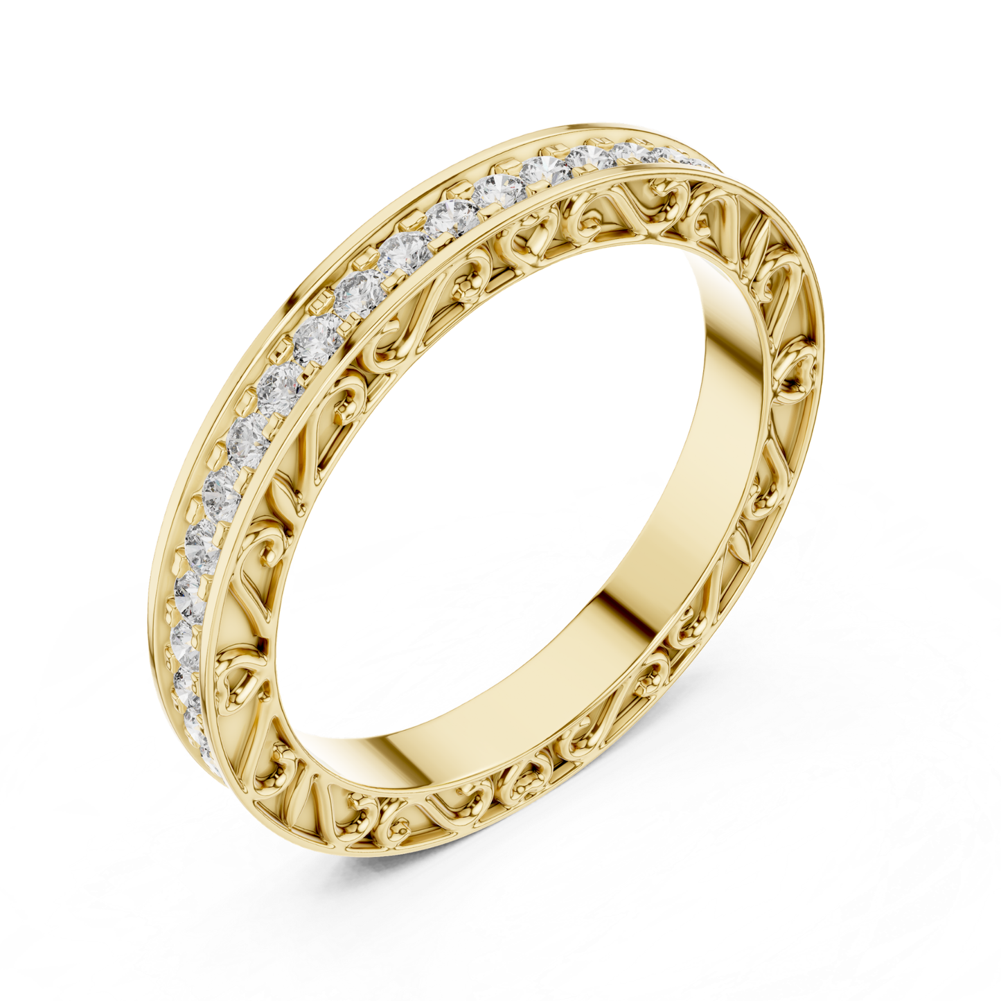 Yellow gold round diamond vintage filigree eternity band
Round diamond eternity ring in yellow gold
Yellow gold floral filigree diamond band
Vintage style diamond eternity band ring
Yellow gold wedding band with round diamonds
Decorative filigree diamond ring for women
Yellow gold anniversary band with diamonds
Elegant round diamond eternity band close up
Fine jewelry vintage diamond band ring
Yellow gold diamond eternity wedding band