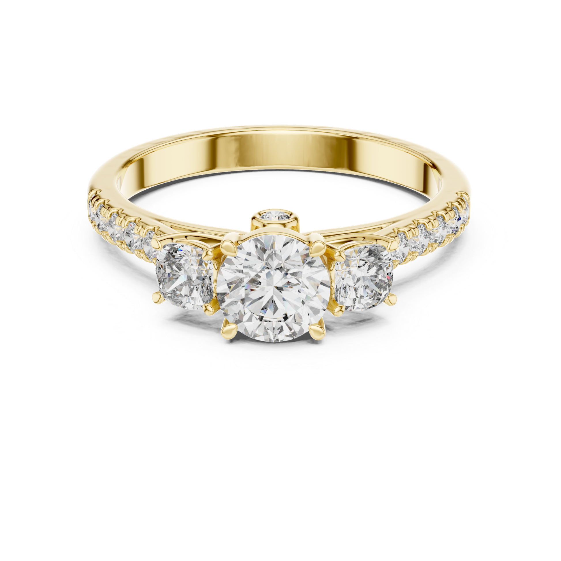 Yellow gold round three stone diamond ring front view
Yellow gold ring with round center diamond
Three stone diamond ring in yellow gold
Round brilliant diamond ring with side stones
Yellow gold diamond ring with pavé band
Classic round three stone diamond ring
Yellow gold engagement ring with round diamonds
Polished yellow gold three stone ring
Round diamond ring with slim yellow gold band
Front view yellow gold diamond ring