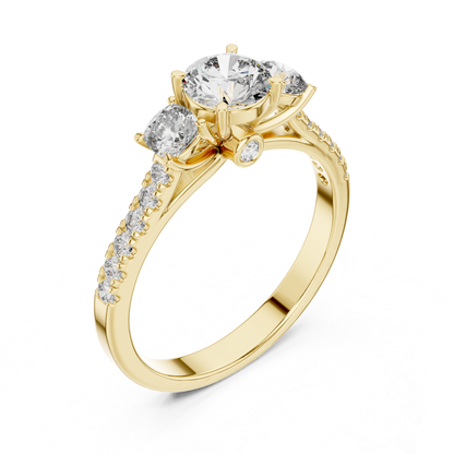 Yellow gold round three stone diamond ring perspective view
Perspective view yellow gold round diamond ring design
Yellow gold three stone diamond ring angled display
Round diamond yellow gold ring with pavé band
Yellow gold engagement ring with side diamonds
Angled yellow gold round diamond ring setting
Yellow gold polished band with round diamonds
Three stone yellow gold diamond ring close view
Yellow gold ring with round diamond gallery
Round diamond yellow gold ring perspective angle