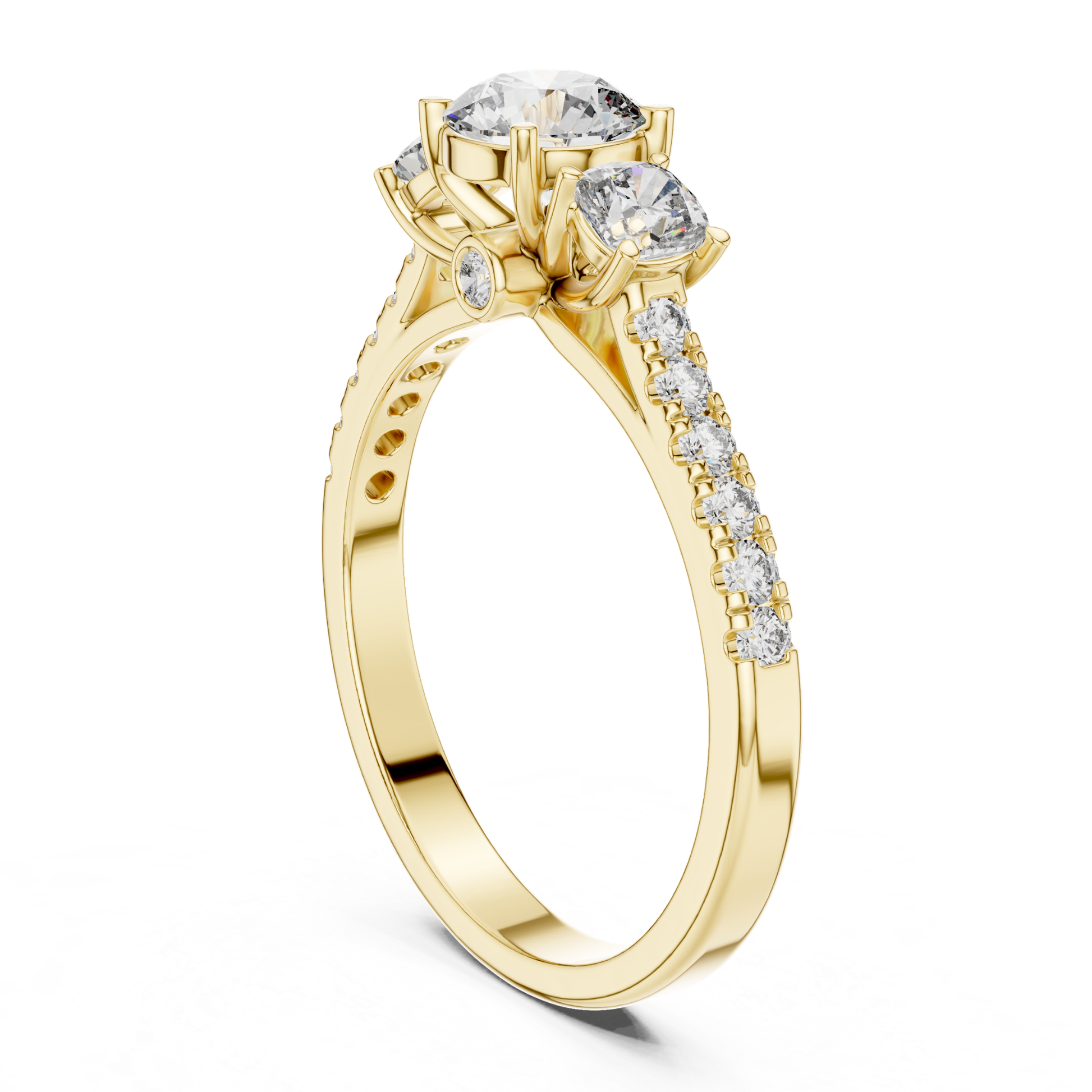 Yellow gold round three stone diamond ring rear perspective
Rear perspective yellow gold diamond ring design
Yellow gold three stone diamond ring back angle
Round diamond yellow gold ring rear profile view
Yellow gold diamond ring with pavé band detail
Rear angle yellow gold engagement ring setting
Yellow gold polished band with side diamonds
Three stone yellow gold diamond ring rear view
Yellow gold ring with open gallery design
Round diamond yellow gold ring back perspective