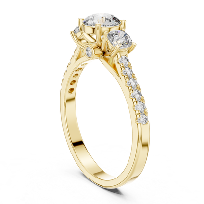 Yellow gold round three stone diamond ring rear perspective
Rear perspective yellow gold diamond ring design
Yellow gold three stone diamond ring back angle
Round diamond yellow gold ring rear profile view
Yellow gold diamond ring with pavé band detail
Rear angle yellow gold engagement ring setting
Yellow gold polished band with side diamonds
Three stone yellow gold diamond ring rear view
Yellow gold ring with open gallery design
Round diamond yellow gold ring back perspective