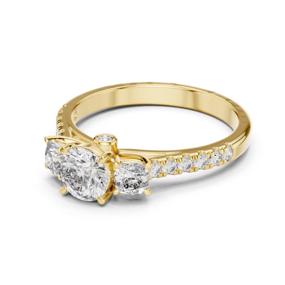 Yellow gold three stone diamond ring side angle
Round diamond ring with yellow gold band view
Yellow gold ring with three round diamonds
Side profile of yellow gold diamond ring
Yellow gold diamond ring with pavé shank
Angled yellow gold three stone ring design
Round brilliant yellow gold diamond ring
Yellow gold diamond ring with polished band
Classic yellow gold three diamond ring view
Yellow gold round diamond engagement ring