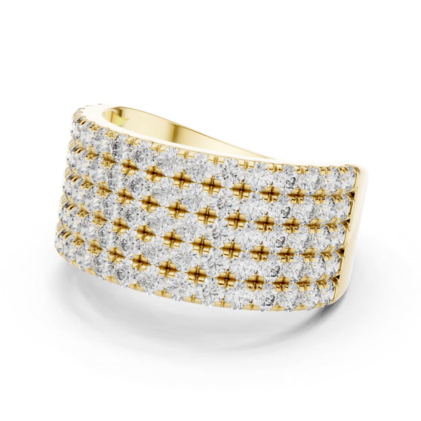 Side view yellow gold multi row Pave diamond band ring
Yellow gold wide diamond ring side angle view
Side profile yellow gold statement diamond band
Yellow gold multi layer diamond ring with round stones
Angled yellow gold Pave diamond anniversary ring
Yellow gold luxury wide diamond band side perspective
Side angle yellow gold layered diamond fashion ring
Bold yellow gold multi row diamond band profile
Yellow gold round brilliant diamond side view ring
Side perspective yellow gold wide Pave diamond band