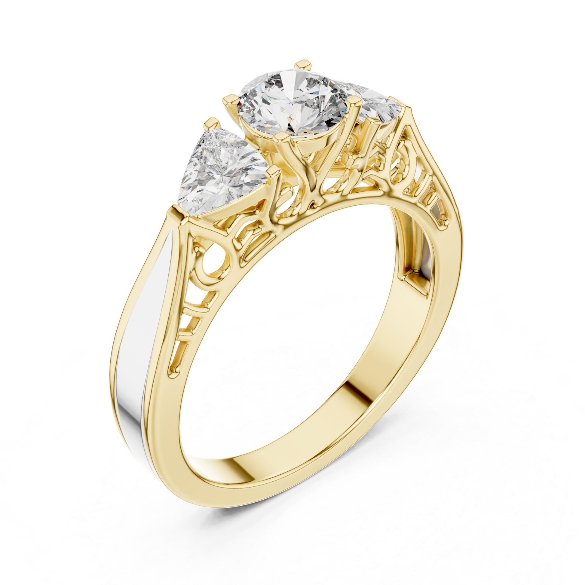 Yellow gold three stone diamond ring angled view
Yellow gold ring with round and trillion diamonds
Three stone diamond ring with filigree gallery
Yellow gold diamond engagement ring
Round diamond center with trillion side stones
Yellow gold three stone ring with open gallery
Polished yellow gold diamond ring design
Elegant three stone diamond gold ring
Yellow gold ring with detailed gallery setting
Three stone diamond ring in yellow gold