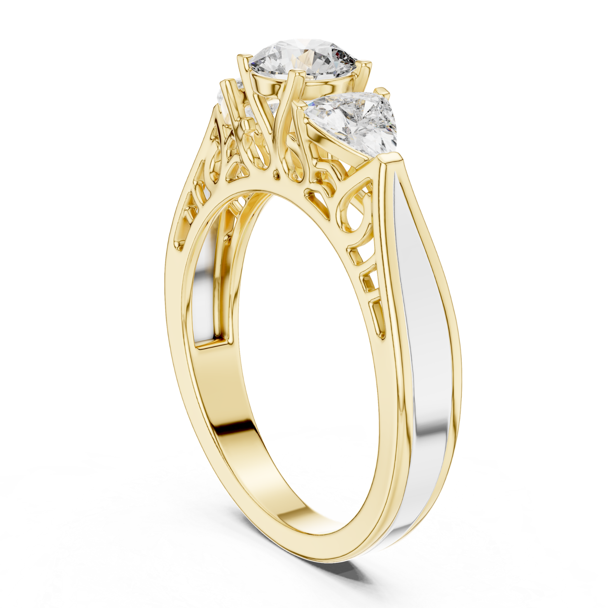 Yellow gold three stone diamond ring gallery view
Yellow gold ring with round and trillion diamonds
Three stone diamond ring with filigree gallery
Yellow gold diamond ring side gallery
Open gallery three stone diamond ring
Yellow gold ring with raised diamond setting
Filigree gallery yellow gold diamond ring
Three stone engagement ring in yellow gold
Yellow gold ring with polished band
Three stone diamond ring with openwork gallery