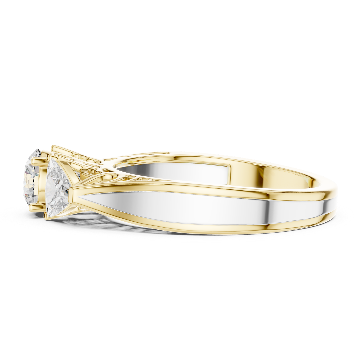 Yellow gold three stone diamond ring side view
Side profile of yellow gold diamond ring
Yellow gold ring with three diamond setting
Three stone diamond ring with split band
Yellow gold ring showing side gallery
Polished yellow gold three stone ring
Side angle yellow gold diamond ring
Gold ring with round and trillion diamonds
Yellow gold engagement ring side profile
Three stone yellow gold diamond ring band