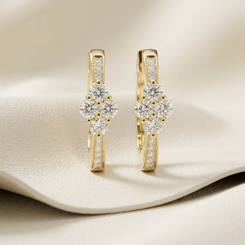 Round Lab Grown Diamond Floral Huggie Hoop Earrings